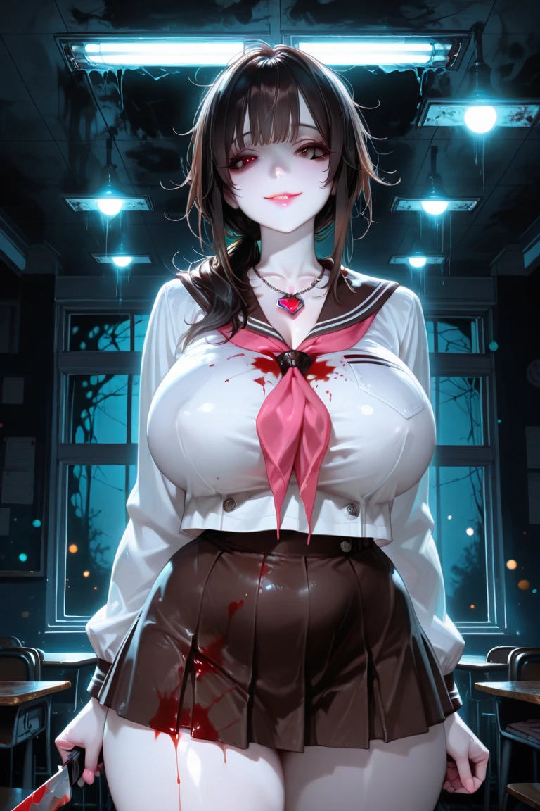 ((masterpiece, best quality:1.4)), illustration, 8k, hd, cowboy shot, anime style, detail face, detail eyes, empty eyes, student girl, school, white student outfit, (massive boobs),brown hair, red eyes, yandere eyes, fully clothes, blue school skirt, mature, evil smiling, ((night)), yandere, glowing eyes, (blood covered), holding knife