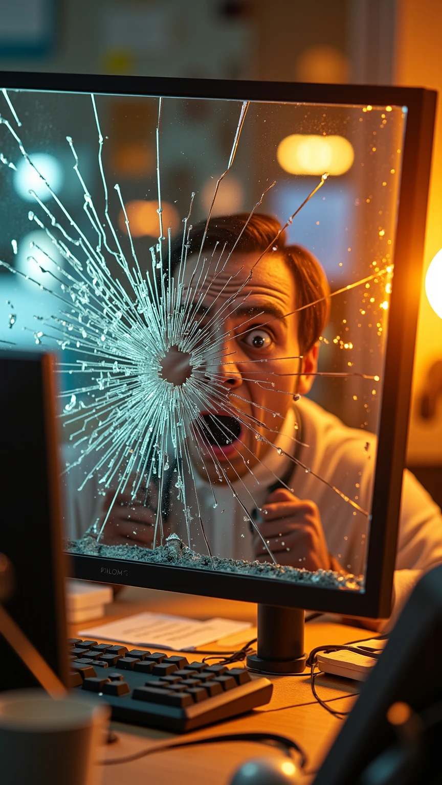 Expressing the moment when the glass of a computer monitor violently shatters ,Broken Computer, Comedy style , 4K, high resolution, Photo Real, Studio Lighting, extreme detail, Professional, vivid colors, Bokeh, confused posture, Broken Keyboard,  scream, Damaged Display, Restless Office, Funny Situations,in a dynamic motion,orange lighting 