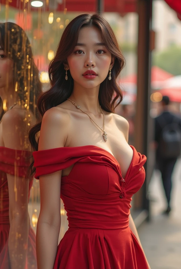 (Cinematic Aesthetic:1.4) Photo of a beautiful korean fashion model bokeh city day, (red deep v dress:1.3),nsfw solo,full body, looking at viewer, standing, outdoors,<lora:deep v dress-000006:0.9>,<lora:InstantPhotoX3:0.3>