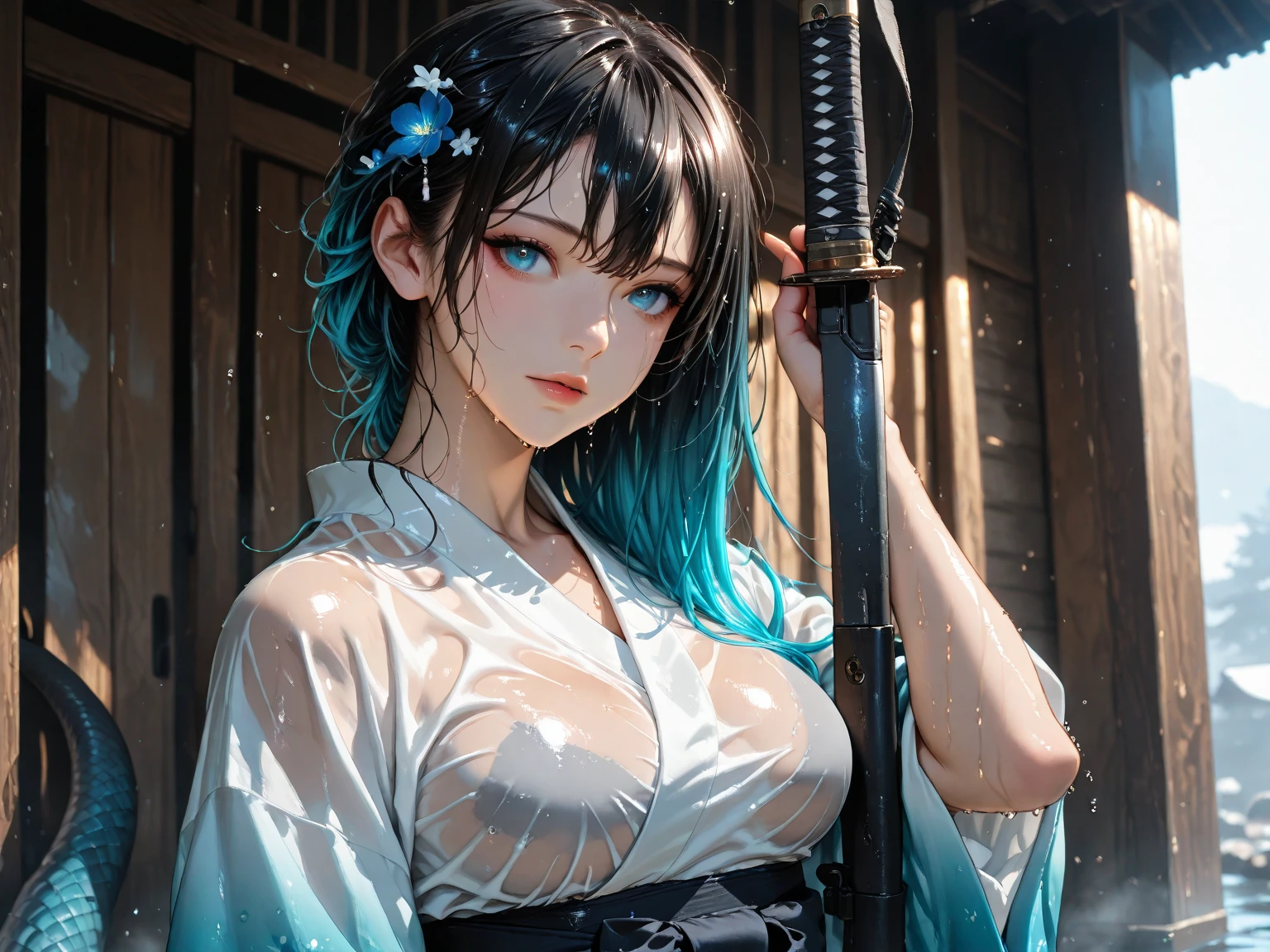  scream、wet hair、beautiful hair, beautiful eyes、gradient hair color、tail、They、Japanese clothes、transparent clothes、Sergeant、holding a weapon