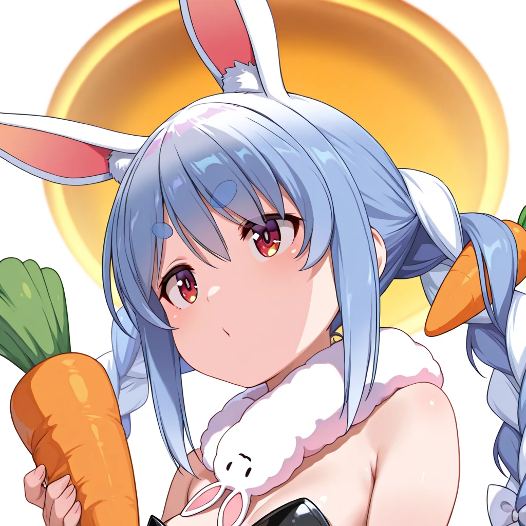 Exceptionally detailed illustration featuring Hatsune Miku in a captivating bunny costume. The exquisite details on her elegant bunny ears, fluffy white tail, and adorable bunny suit showcase the artist's impeccable craftsmanship. The lighting appropriately highlights Miku's enchanting smile as she playfully nibbles on a carrot, enhancing the overall charm of the piece. The image, showcasing a single figure, exudes a magical aura and could easily be mistaken for a masterpiece.