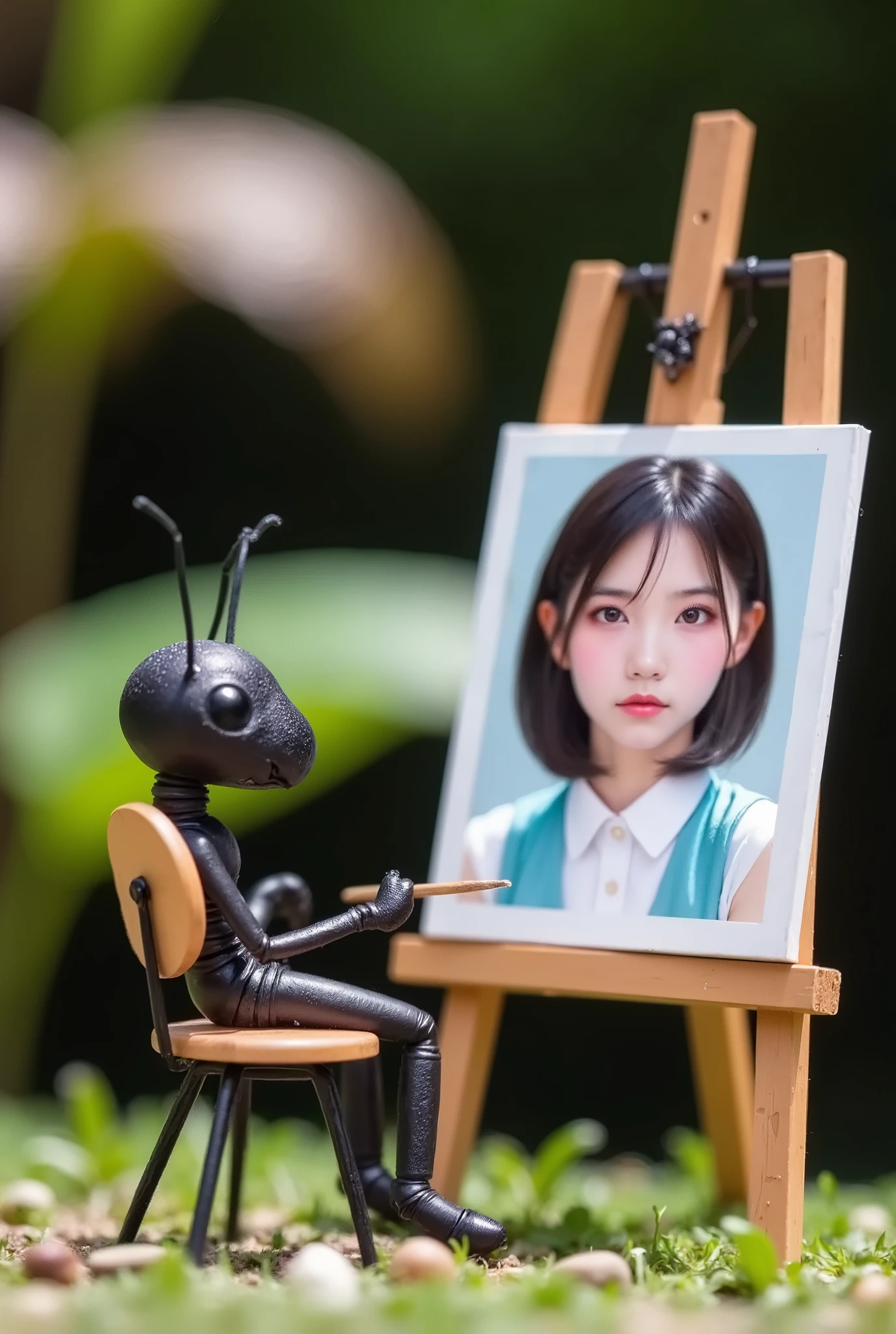 formiga's painting shop . , the price is also included.
sitting on a chair in front of the easel made of tree branches , 주인공 ant 열심히 그림을 그리고 있다.
One wall of the ant's mini shop is open so you can see the inside of the shop. It is a mini ant shop made in the shape of a box with small pieces of paper attached.,
I'm looking closely at the ant shop where I'm drawing a picture {x}} There are small lights in the painting room, e various pictures drawn by the protagonist of the ant are hanging on the wall.
ant 자신이 그린 그림을 판매하기 위해서 좌판(parar)If a picture drawn by an ant is displayed on.
ant's painting shop.
On the grass in front of the human woman's garden, formiga's mini painting shop .
formiga , to give as a gift , The woman is diligently drawing in front of the easel without even knowing that she is being watched .
What the ant is drawing in front of the easel is , Portrait of a woman . e probably .
it's a close-up view of the face of an incredibly large human woman in the background. An innocent face with long, black hair looks big, e,
This place is a very small little ant's mini store e mini studio..