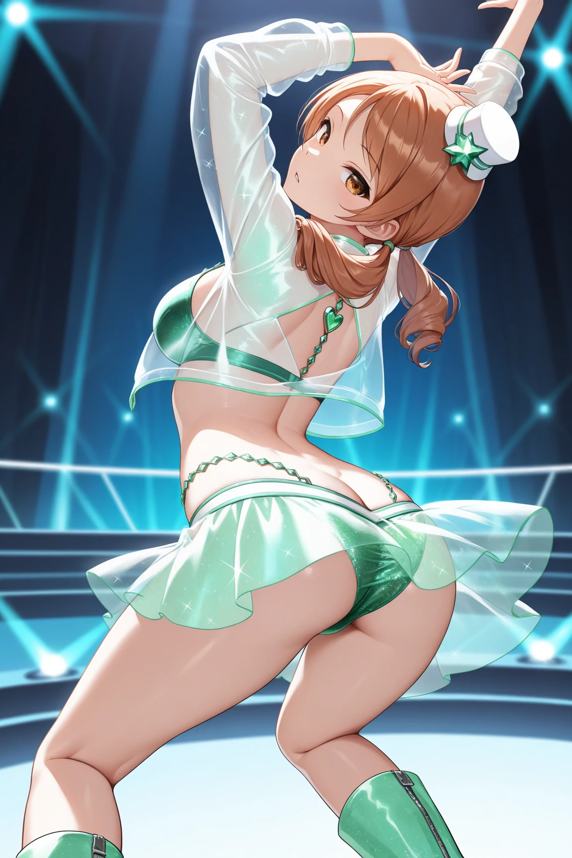 Masterpiece, best quality, minami kotori, curvy body, big breasts,solo, yellow leotard, standing in wrestling ring, embarrassed, sweating, fighting stance, from behind,thicc ass