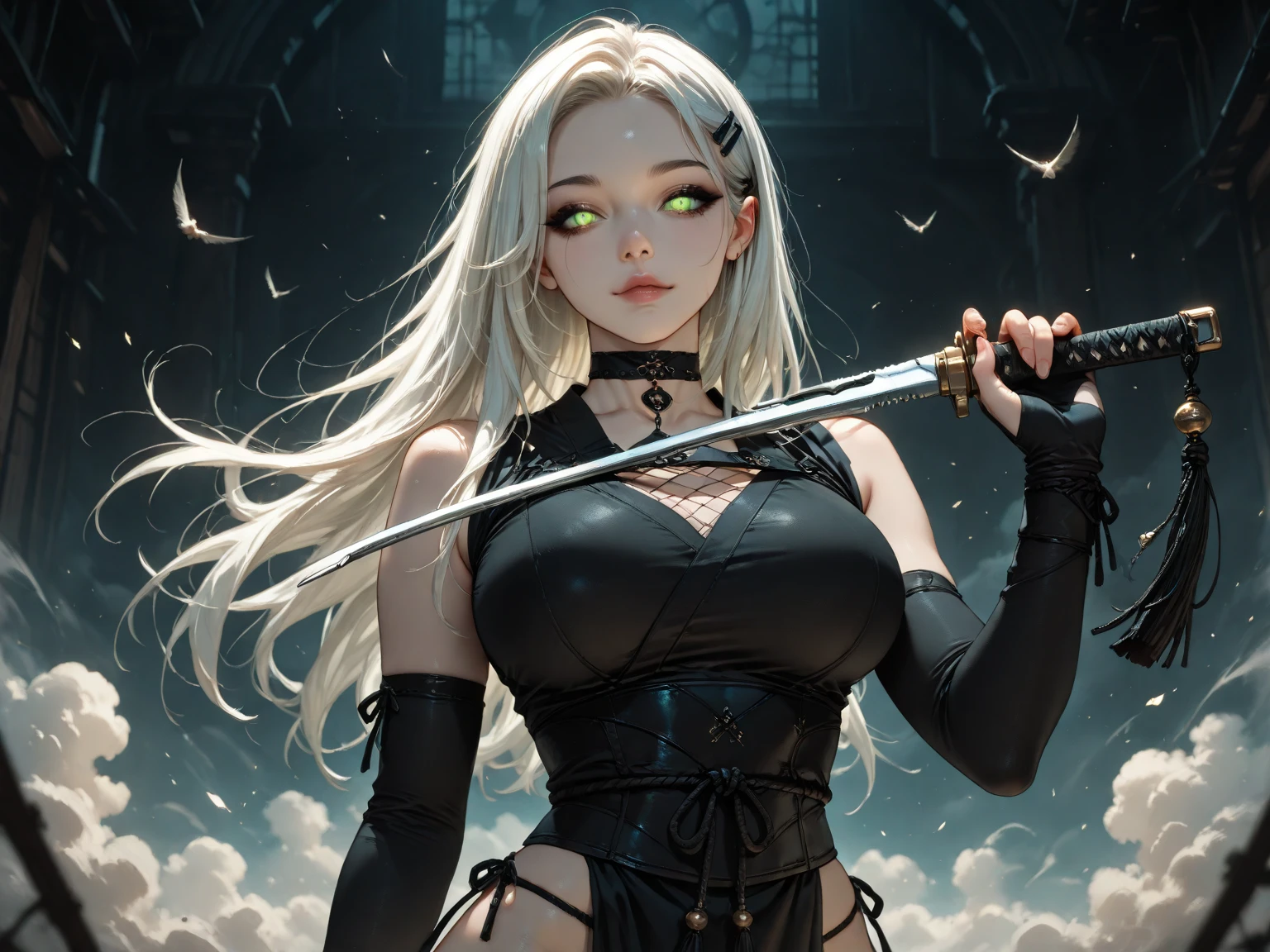 A beautiful (mature_woman:1.8) with long blonde hair in a Gothic dress, (holding a light saber:1.5), (gothic makeup:1.3), morning fog and roses garden, Gothic victorian, Gothic architecture, romantic, regal and mysterious, beautiful lights and colors, sun rays, upper body closeup