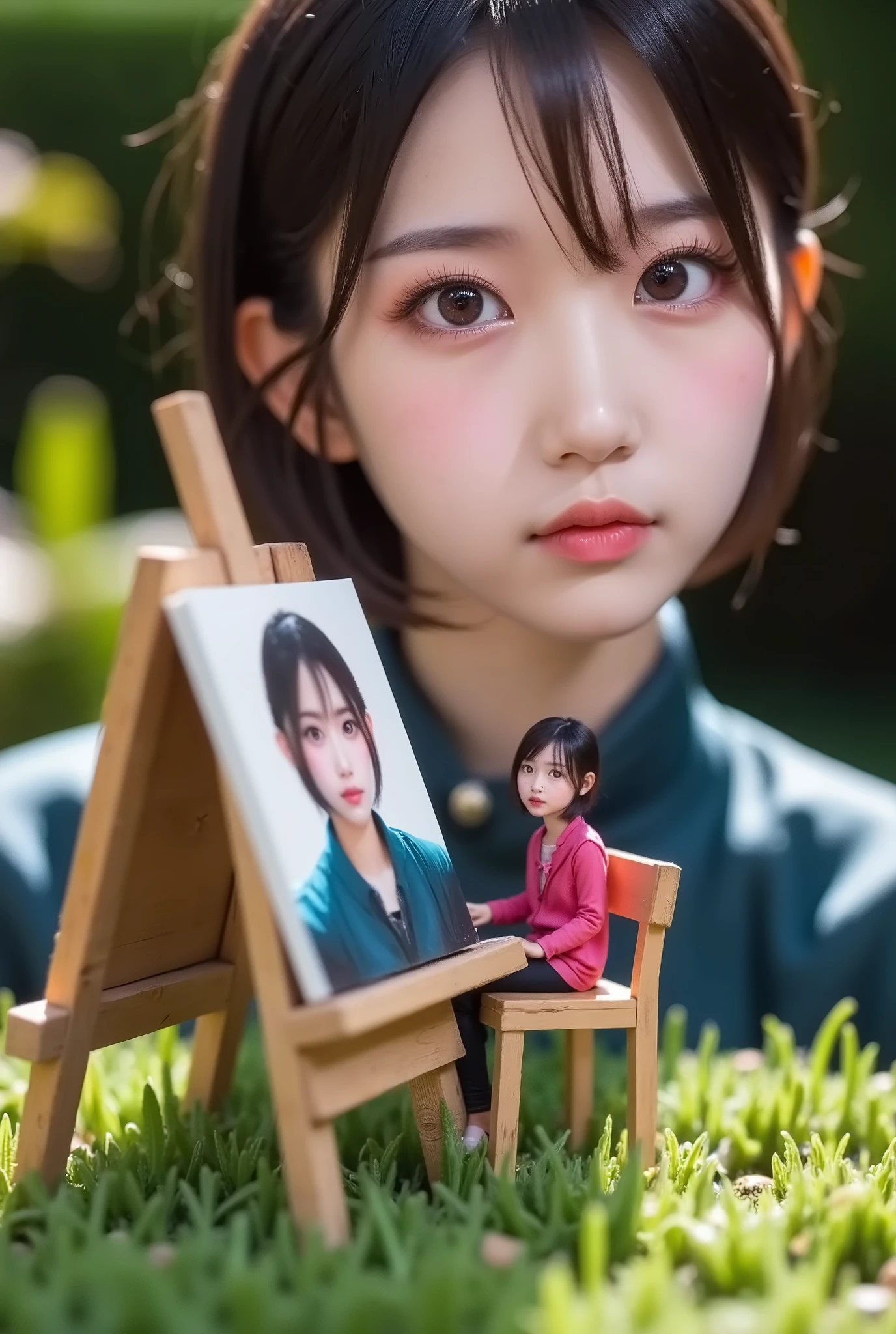 formiga's painting shop . , the price is also included.
sitting on a chair in front of the easel made of tree branches , 주인공 ant 열심히 그림을 그리고 있다.
One wall of the ant's mini shop is open so you can see the inside of the shop. It is a mini ant shop made in the shape of a box with small pieces of paper attached.,
I'm looking closely at the ant shop where I'm drawing a picture {x}} There are small lights in the painting room, e various pictures drawn by the protagonist of the ant are hanging on the wall.
ant 자신이 그린 그림을 판매하기 위해서 좌판(parar)If a picture drawn by an ant is displayed on.
ant's painting shop.
On the grass in front of the human woman's garden, formiga's mini painting shop .
formiga , to give as a gift , The woman is diligently drawing in front of the easel without even knowing that she is being watched .
What the ant is drawing in front of the easel is , Portrait of a woman . e probably .
it's a close-up view of the face of an incredibly large human woman in the background. An innocent face with long, black hair looks big, e,
This place is a very small little ant's mini store e mini studio..