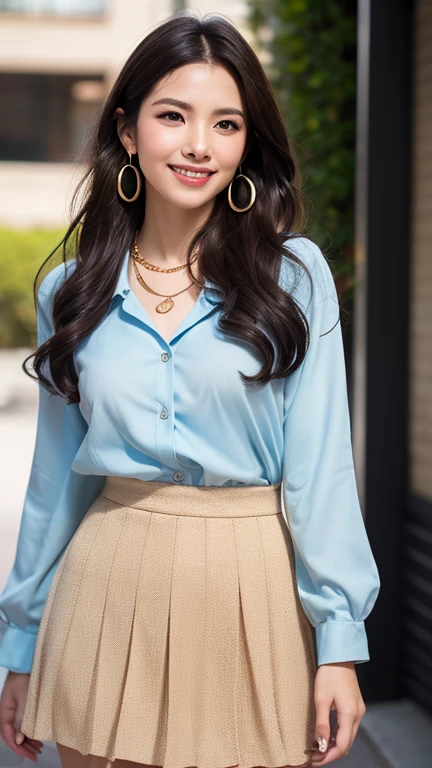 ((Beautiful girl:1.3)) )((Blushing:1.4)) Highest quality,masterpiece,Ultra-high resolution,(Realistic:1.4),RAW Photos,(Real skin texture:1.3),(Film Grain:1.3),Panorama,Portraits,Very wide shot,Tight waist,Cowboy Shot,(In the Dark, Deep Shadow, Modest, Cold Light,) night,(()),Tears flow,,Dust,Tyndall effect,(Performance),One person,Beautiful and detailed eyes and face,White Jabot,Brown eyes,((Brown Hair:1.2)) ((whole body:1.3)) ((smile:1.3))((Super long brown hair:1.2)),((Hair with loose waves inside:1.2)),((gold necklace_Large earrings:1.2)),((shy smile:1.3)),((mideum breasts:1.3)),((Strongly blurred beautiful office corridor background:1.1)、 ((Wearing white crisp shirt_long see-through sleeves、blue flared mini skirt:1.3)),((Beautiful girl:1.3)) )((Blushing:1.4)) Highest quality,masterpiece,Ultra-high resolution,(Realistic:1.4),RAW Photos,(Real skin texture:1.3),(Film Grain:1.3),Panorama,Portraits,Very wide shot,Tight waist,Cowboy Shot,(In the Dark, Deep Shadow, Modest, Cold Light,) night,(()),Tears flow,,Dust,Tyndall effect,(Performance),One person,Beautiful and detailed eyes and face,White Jabot,Brown eyes,((Brown Hair:1.2)) ((whole body:1.3)) ((smile:1.3))((Super long brown hair:1.2)),((Hair with loose waves inside:1.2)),((gold necklace_Large earrings:1.2)),((shy smile:1.3)),((mideum breasts:1.3)),((Strongly blurred beautiful office corridor background:1.1)、 ((Wearing white crisp shirt_long see-through sleeves、blue flared mini skirt:1.3)),((Hair that flutters in the wind:1.3)))((salute:1.3)),