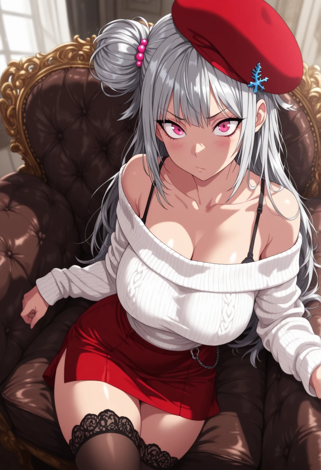 c0uchc4sting, <lora:c0uchc4sting:0.8> sitting on a black couch, belfast_azurlane, long_hair, breasts, large_breasts, white_hair, bangs, cleavage, smile, braid, blush, blue_eyes, french_braid, collarbone, purple_eyes, chain, very_long_hair, 1girl, aran_sweater, bare_shoulders, beret, black_skirt, brown_sweater, cable_knit, earrings, food, hat, hoop_earrings, jewelry, looking_at_viewer, off-shoulder_sweater, off_shoulder, red_headwear, skirt, sweater, choker, red background, pencil_skirt, red_nails, white_background, nail_polish, pantyhose <lora:belfast_azurlane:0.8>
