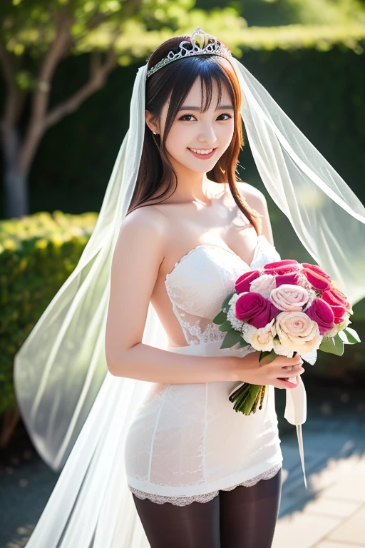 1 girl, Front view, japanes, Facial and body details are very rich, Cute big breasts, Goddess of beauty, 8K, hyper realisitc, tmasterpiece, Skin glows, Smiling, Good mood, Silk white queen dress, ssee-through:1.3, through a very thin veil, Blooming flowers: 1.5