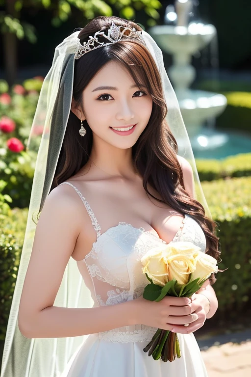 Beautiful 25 year old  woman。She is wearing a summer wedding dress. She is smiling on illuminated by the evening church lights . romantic sunset. her dark brown hair. High resolution、masterpiece、highest quality、頭w:1.0、((Hasselblad Photos))、fine skin、(movie lighting)、clavicle . full body picture.