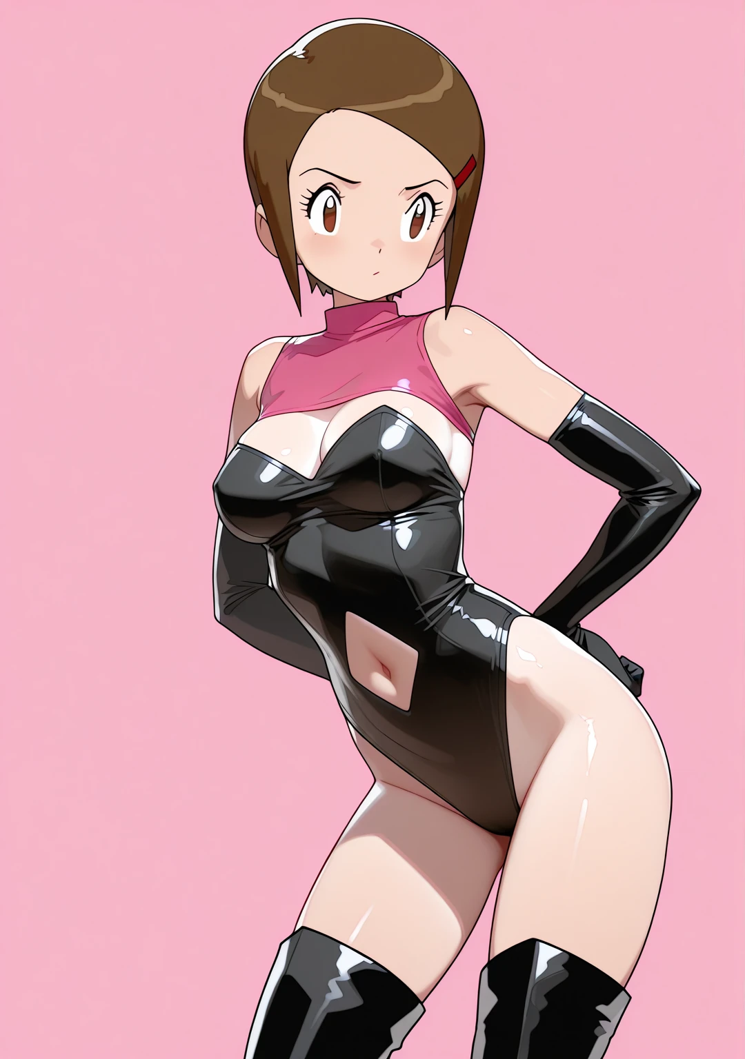 1 girl,NSFW,Honoka Kosaka ,(lovelive),clavicle, absurd, brainwashing,Combatant, empty eyes,((purple glowing eyes 1.5)), huge breasts , No expression, emotions removed,(black latex tight bodysuit),look away , whole body shape, ((squat,spread your legs, arms behind head)),(highest quality、4k、8K、High resolution、must have:1.2)、Super detailed、(reality、It's realistic、realistic:1.37)、ticker、hyper hd、studio lighting、ultra definition paint、sharp focus、Physically based rendering、extreme details、Professional specifications、vibrancy and color、blurry、sports portrait、landscape、horror style、anime big breasts、SF、photograph、concept artist、five fingers, perfect body, {{{masterpiece}}}, {{{highest quality}}}, {{Super detailed}}, {shape}, {{very delicate and beautiful}},Improved cost performance、all roles、Canon 5D MK4でphotograph、photograph,