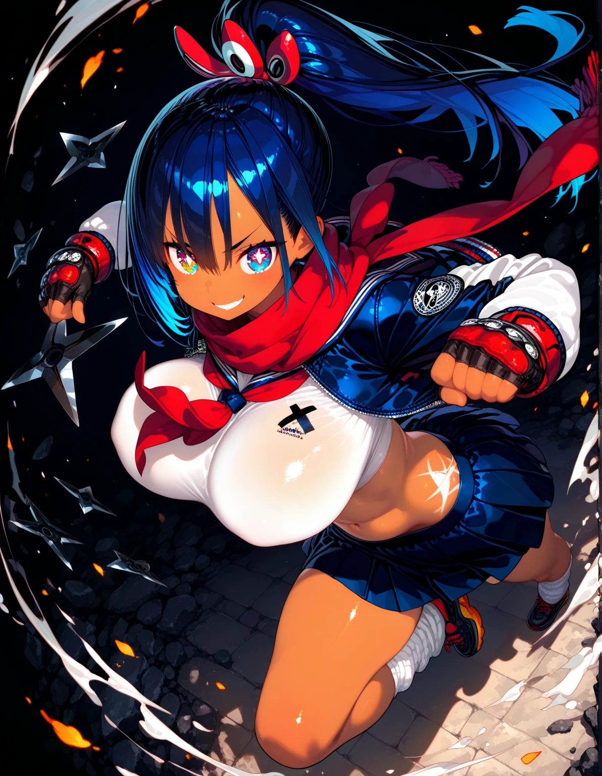 <lora:disgaea:1>laharl-chan, blue hair, antenna hair, red eyes, large breasts, bikini top only, scarf, belt, red pants, masterpiece, best quality