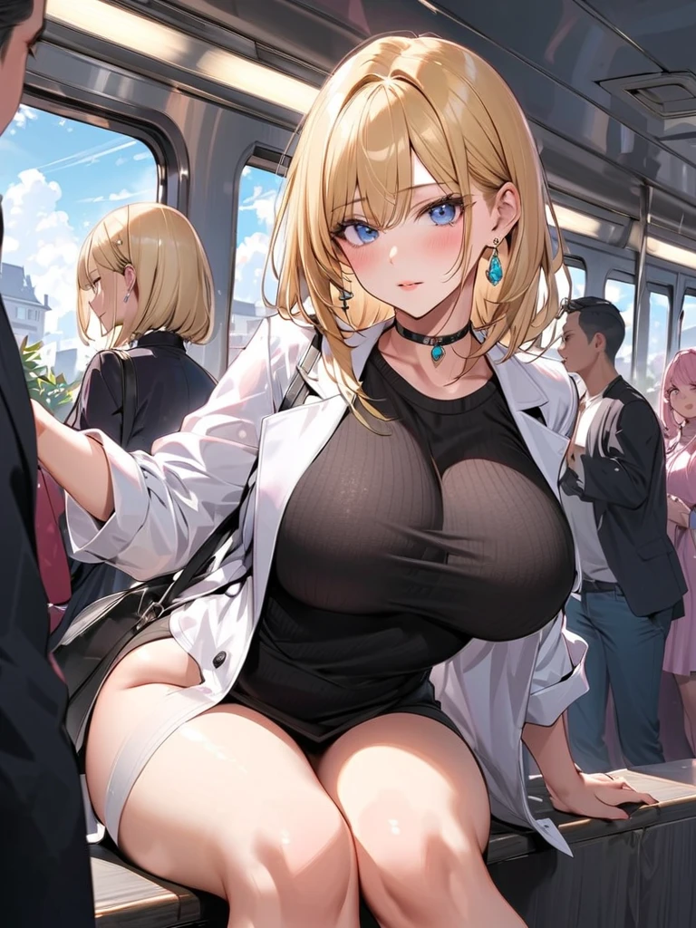 Hi res, masterpiece, 8k, nsfw, train, night, sakura kinomoto, (gigantic tits: 1.4), (dense pubic hair: 1.4), (see-through black top: 1.4), (red latex skirt: 1.4), (black fishnet stockings: 1.4), (black high heels: 1.4), lewd face, flushed face, embarassed espression, (she lifting her skirt in a vedy crowded train: 1.6), (she wear a wet pair of transparent black thong: 1.4