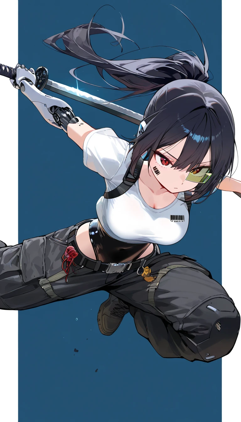 (beautiful girl : 1.3),1 girl,(black shiny leotard,mechanical leotards,black cargo pants,White T Shirt,Crop Top Shirt,scouter,belt,Harness,Carrying a Japanese sword,Mechanical Limbs),dark haired,ponytail,No expression,barcode tattoo on cheek, simple color background ,Jumping,dynamic angle showing forward movement,masterpiece,top quality,Rich Contrasts,High Definition,8k,high definition CG unit wallpaper,Textures,is unbelievably absurd,RAW pictures,Deep Border 1 .2,very detailed