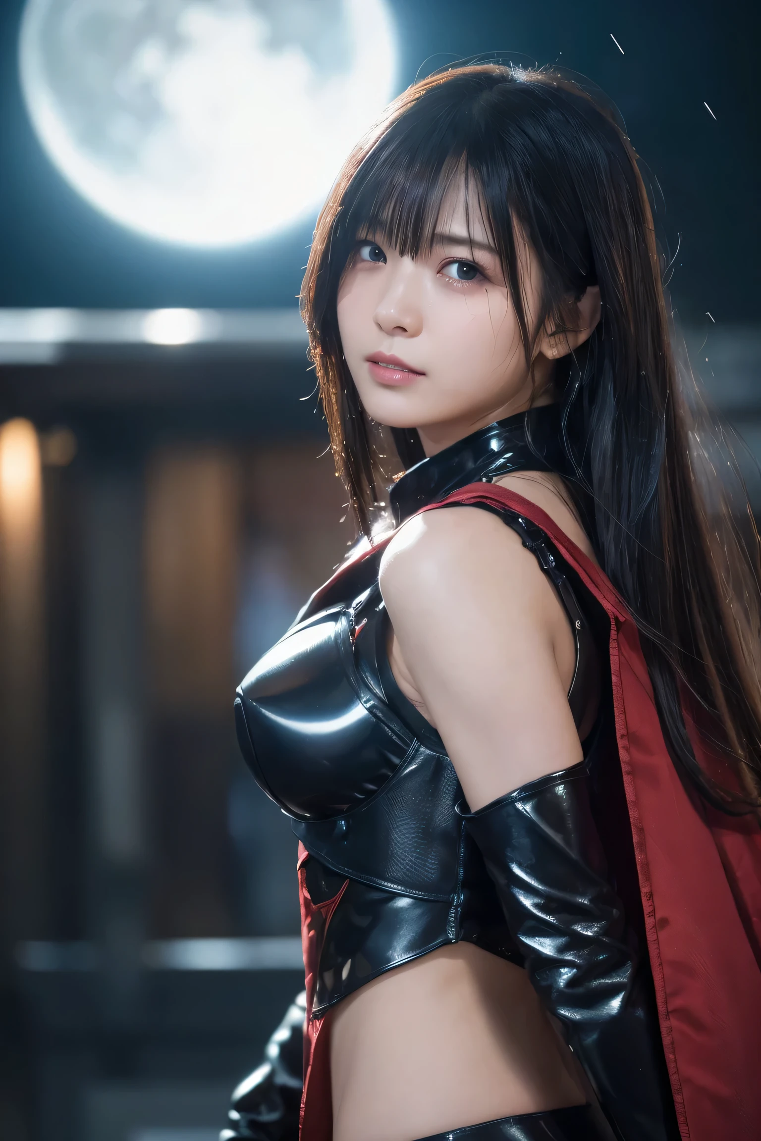 (1 Mechanical Girl)、(Mystical expression)、top-quality、masterpiece、超A high resolution、(Photorealsitic:1.4)、Raw photo、女の子1人、Fight mutants、glowy skin、(((1 Mechanical Girl)))、(Red Metal Bodysuit)、(Fight goblings、ogre、Fierce battle with Osite、Fierce battle with alien night demon beast cliff background)、(Small LED)、((super realistic details))、vertical giant monster background),globalillumination、Shadow、octan render、8K、ultrasharp、Colossal tits、Raw skin exposed in the cleavage、red metal、Details of complex ornaments、Japan details、highly intricate detail、Realistic light、(Mystical expression),CG Society Trenlow Eyes、Eyes shining towards the camera、Mechanical marginal blood vessels connected to neon detail tubes)、(Wires and cables connecting to the head)、Small LED、,Mechanical thighs、Toostock、(Hands are also made of machines.traces on the cliff)、机器人、