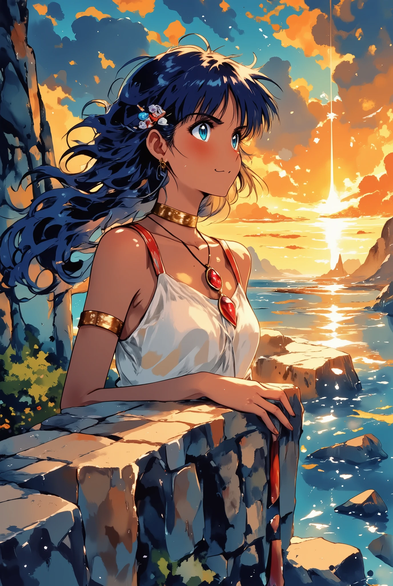 anime-style cinematic medium shot, a young girl with long dark blue hair and a red jewel necklace stands alone on a cliff at sunset, wind gently blowing her hair and dress, she looks toward the vast ocean with teary eyes and a soft smile, holding a small worn-out pendant in her hand, golden-orange sky reflecting on the water, melancholic yet hopeful atmosphere, painterly light and shadow, soft anime shading, highly detailed, best quality, masterpiece