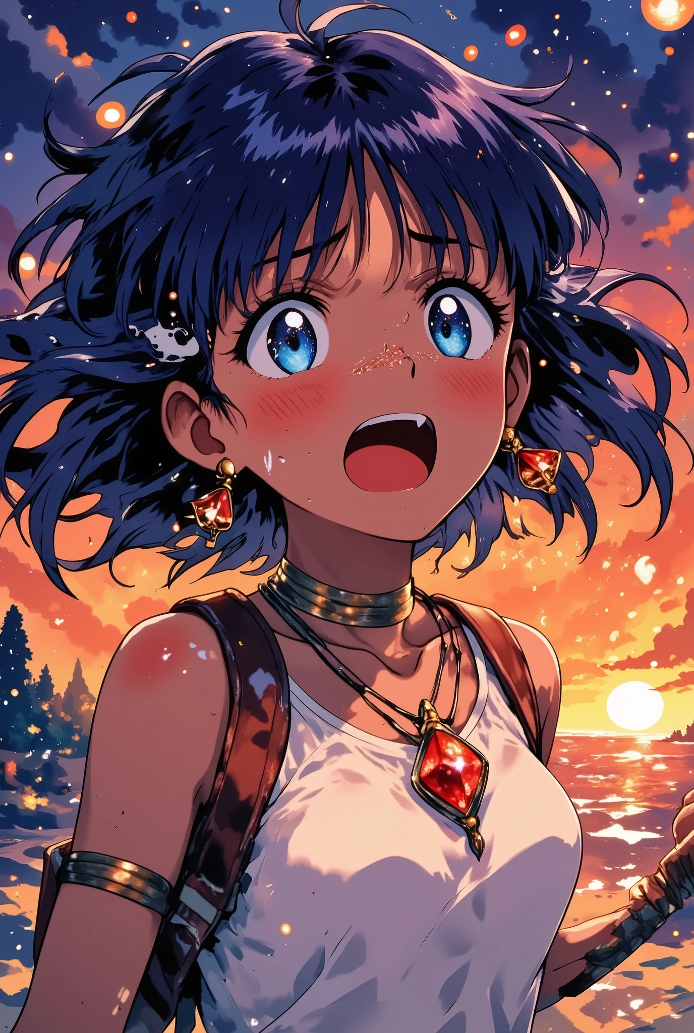 anime-style close-up, a young girl with long dark blue hair and a red jewel necklace, crying uncontrollably with streams of tears flowing down her face, mouth open in a silent wail, eyes squeezed shut with raw emotion, hair wildly tousled by wind, glowing orange and purple sunset sky in the background, jewel shining with a mystical light, emotional storm, soft particles in the air, dramatic cinematic lighting, ultra-detailed, vibrant color palette, masterpiece,
