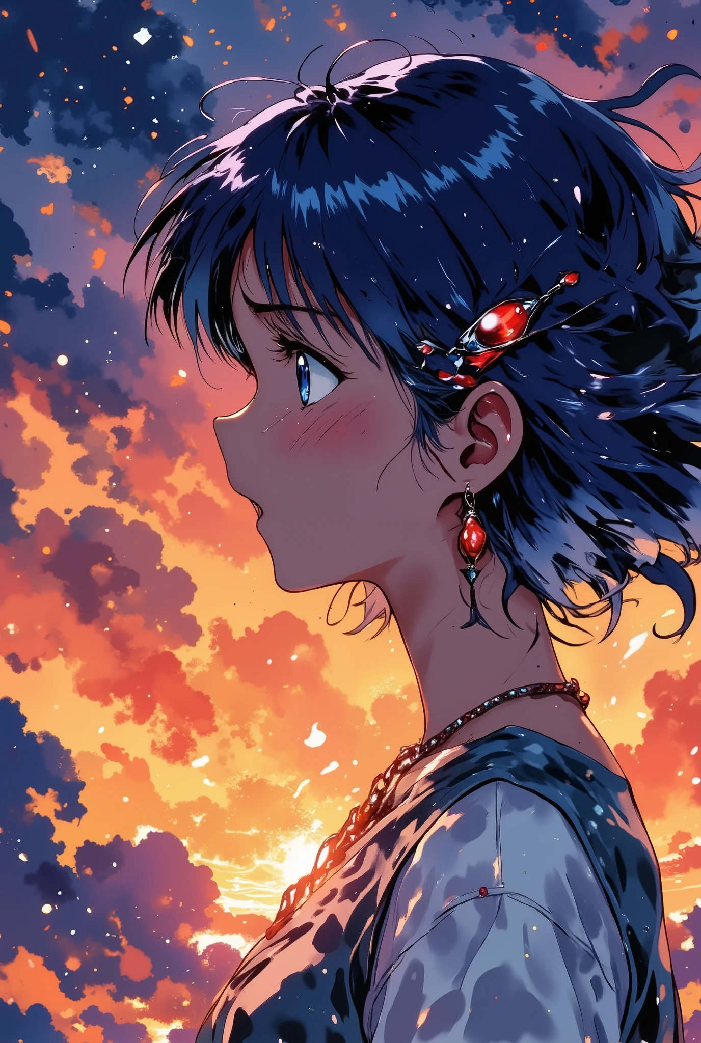 anime-style close-up, a young girl with long dark blue hair and a red jewel necklace, crying uncontrollably with streams of tears flowing down her face, mouth open in a silent wail, eyes squeezed shut with raw emotion, hair wildly tousled by wind, glowing orange and purple sunset sky in the background, jewel shining with a mystical light, emotional storm, soft particles in the air, dramatic cinematic lighting, ultra-detailed, vibrant color palette, masterpiece,