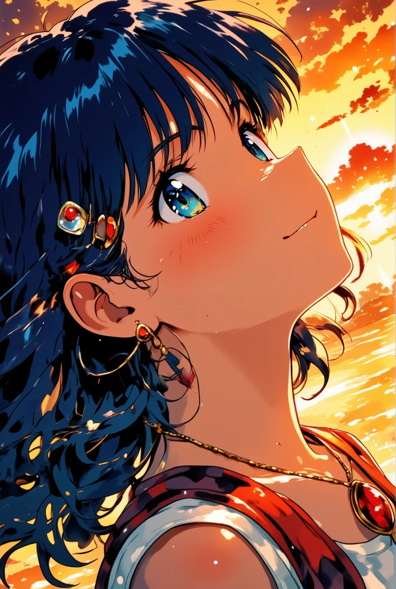 anime-style close-up, young girl with long dark blue hair and a red jewel necklace, one shining tear rolling down her cheek as she smiles faintly, glowing orange sunset sky behind her, wind-blown strands of hair framing her face, vivid emotional expression of longing and hope, jewel reflecting the golden light, cinematic soft lighting, high saturation, dreamy atmosphere, anime shading, best quality, masterpiece,