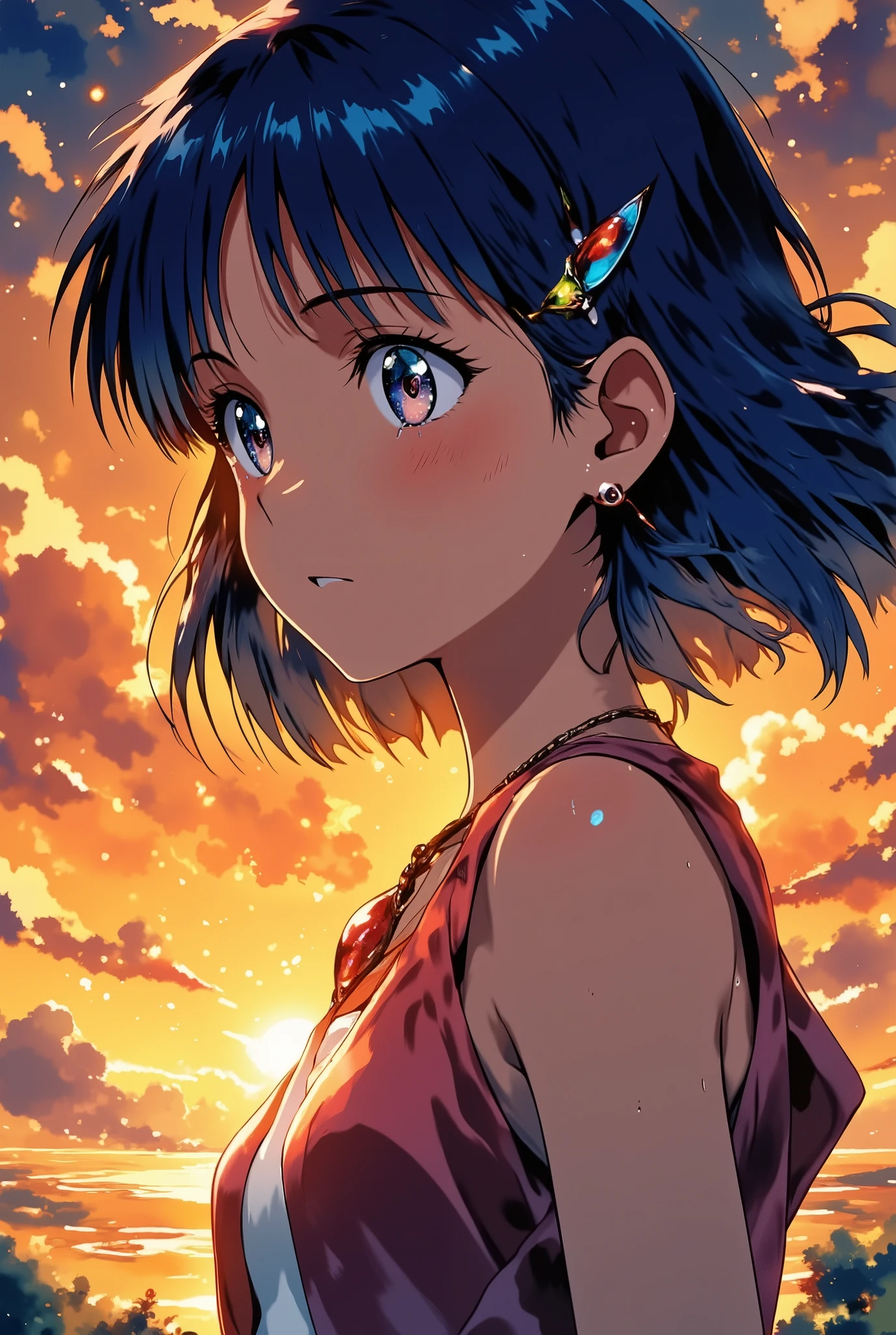 anime-style close-up, young girl with long dark blue hair and a red jewel necklace, one shining tear rolling down her cheek as she smiles faintly, glowing orange sunset sky behind her, wind-blown strands of hair framing her face, vivid emotional expression of longing and hope, jewel reflecting the golden light, cinematic soft lighting, high saturation, dreamy atmosphere, anime shading, best quality, masterpiece,