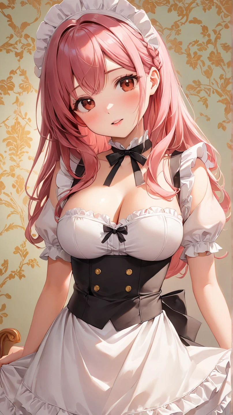 the woman is wearing a Maid clothes standing up on the floor, solo, panties, underwear, skirt, lacy black and pink panties, side-tie panties, satin panties, lying, thighhighs, garter belt, skirt lift, shirt lift, show off bra, show off panties, realistic