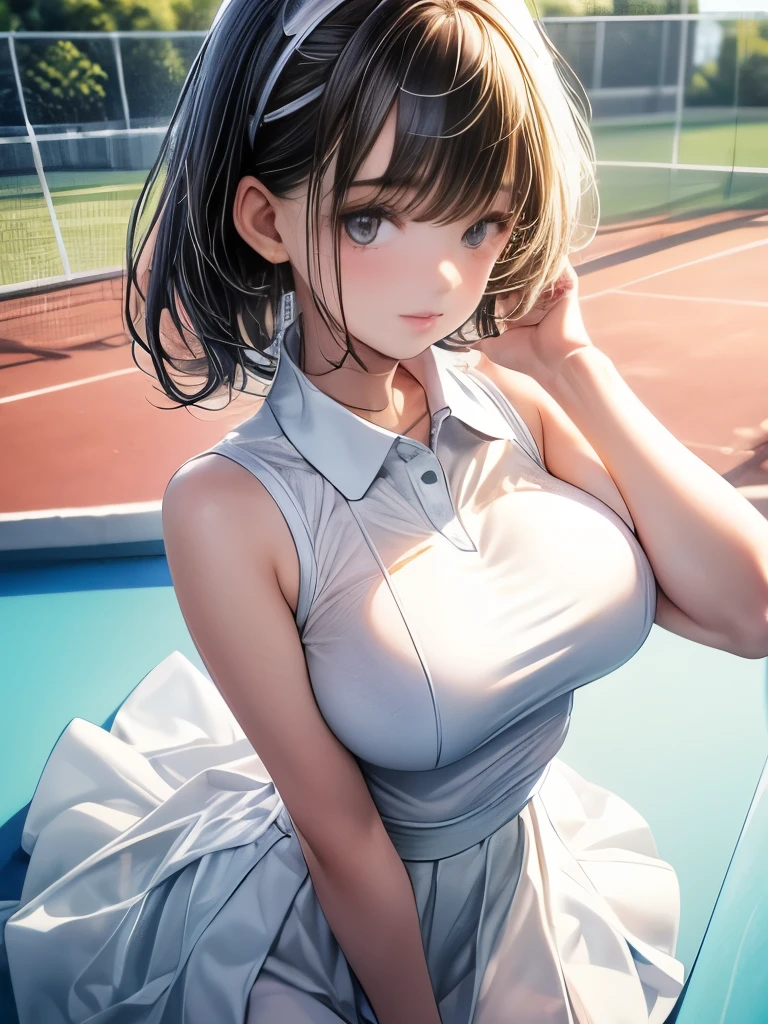 1girl, solo, white polo shirt, white sneakers, tennis wear, white mini skirt, masterpiece, best quality, realistic, ultra-detailed, (shiny skin, sweating: 1.4), ridiculous, looking at the audience, short black hair, brown eyes, slender, dynamic light and shadow, high resolution, sharp focus, depth of field, fine eyes, sharp pupils, realistic pupils, (big breast: 3.6), (thigh thickness: 1.0), outdoor, sky