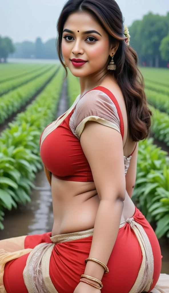 26 years old women Russian mature cute perfect face smiling big wearing sexy indian saree standing on vegetable market