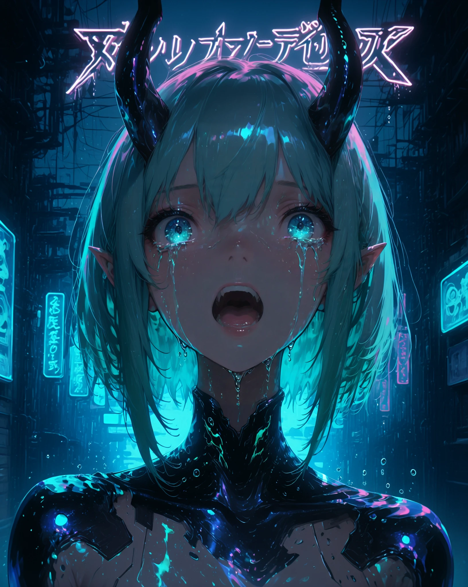 Demon girl cries, eyes crying ,huge tears,Tragic pose, full length view ,detailed нос, eye detailing, face detail, Anime character , anime art, 8 k, detailed, high resolution, impressive lighting, Cyberpunk atmosphere, futurist, portrait, realistic, фотоrealistic, HDR, physical-based visualization, down to the last detail, bright colors, detailed faces, Dynamic poses , picturesque background, neon lights, futuristичная архитектура, Graceful figure, perfect always body perspective