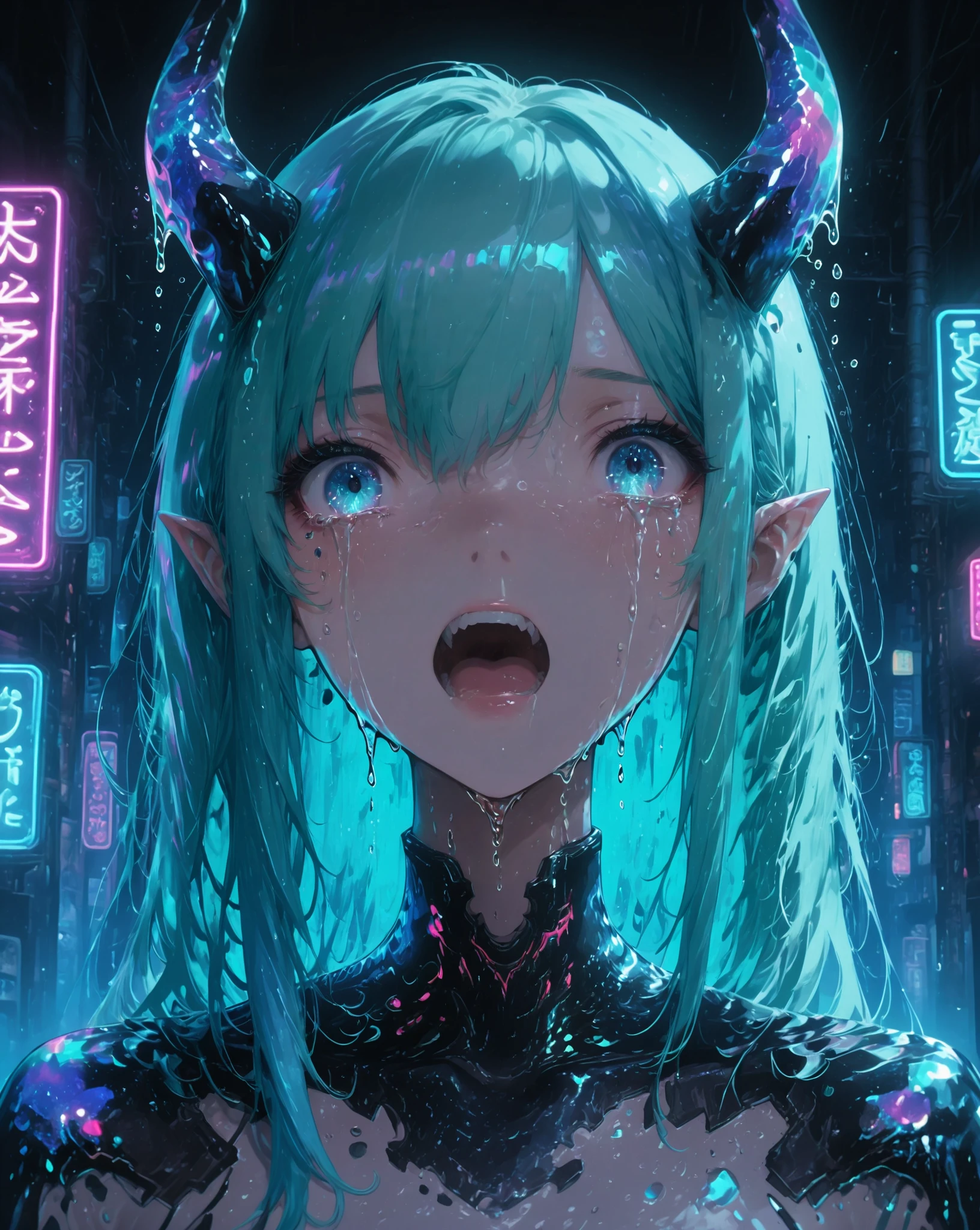 Demon girl cries, eyes crying ,huge tears,Tragic pose, full length view ,detailed нос, eye detailing, face detail, Anime character , anime art, 8 k, detailed, high resolution, impressive lighting, Cyberpunk atmosphere, futurist, portrait, realistic, фотоrealistic, HDR, physical-based visualization, down to the last detail, bright colors, detailed faces, Dynamic poses , picturesque background, neon lights, futuristичная архитектура