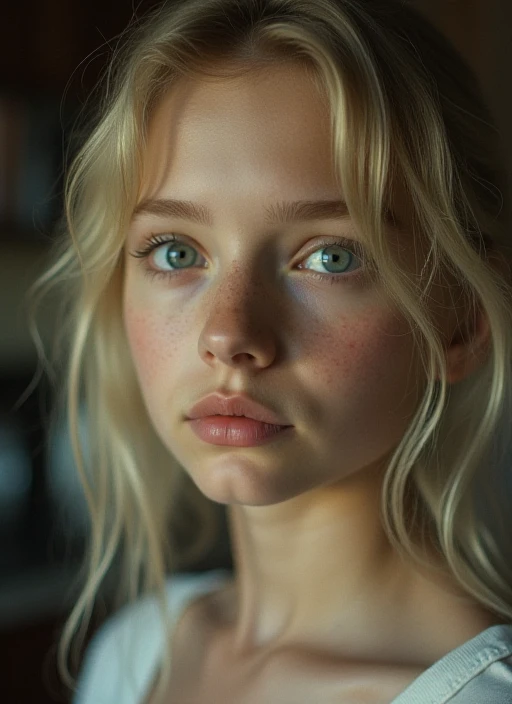 create 15 year old girl, nordic, super Straight hair average looking blonde, blue eyes, looking directly into camera, upper body selfie, wearing casual clothes, side view, at home, night, Low light
