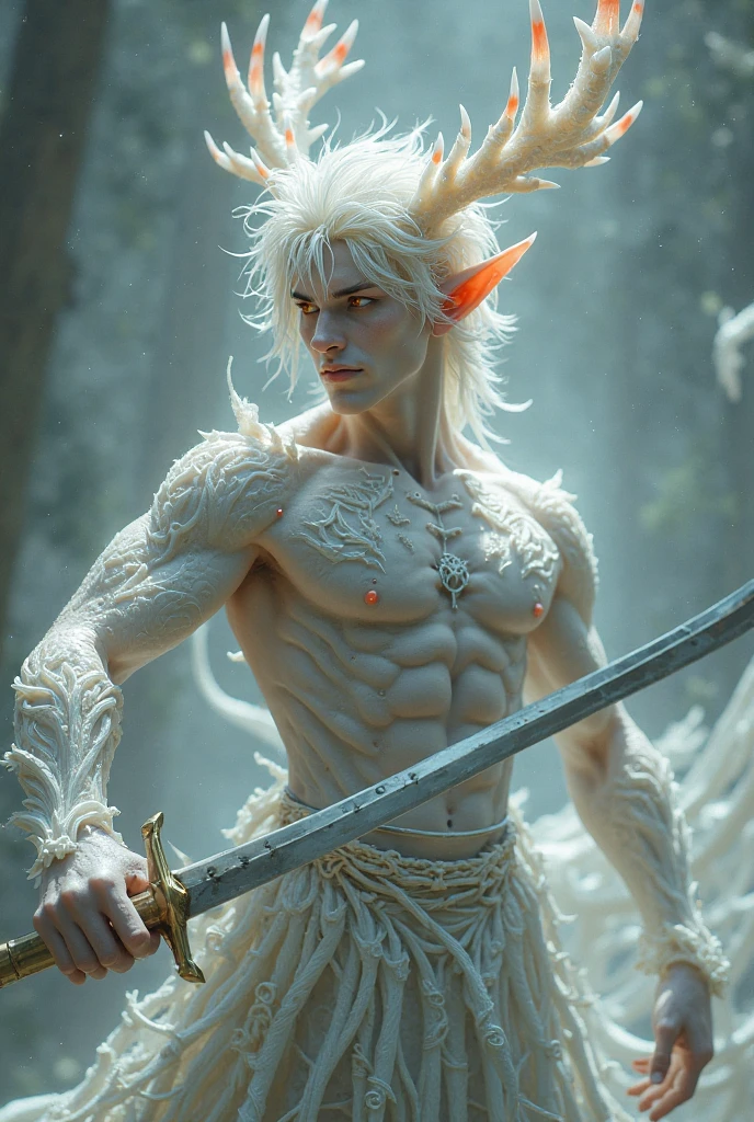 photorealism. A satyr lurked in the thick, dark thickets of fern leaves.. The satyr has waist-length yellow hair and a side bang. Very small horns. His legs are always completely covered with brown fur and always have hooves.. The satyr has a bare torso with a heart tattoo on his chest. Skin color tanned. The satyr's appearance is Korean. He's a handsome guy. He shoots an arrow from a bow from the fern thickets, A kind jaguar next to him. And this teenager has the appearance of a faun.