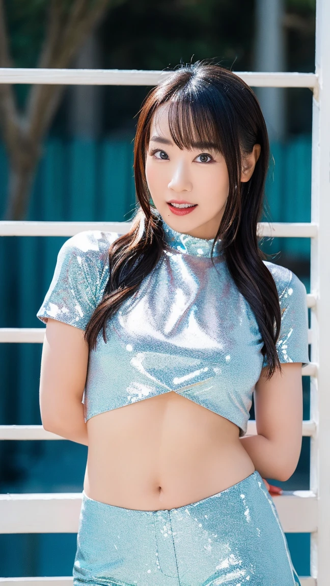 1girl, (crop top, shirt:1.8),(RAW photo, best quality:1.4), (realistic, photo-realistic:1.4), masterpiece, an extremely delicate and beautiful, extremely detailed, 2k wallpaper, Amazing, finely detail, extremely detailed CG unity 8k wallpaper, ultra-detailed, highres, soft light, beautiful detailed girl, extremely detailed eyes and face, beautiful detailed nose, beautiful detailed eyes,(blurry,bokeh backgound:1.6),(park:2.0),perfect anatomy,(slender body:1.6),(close up face:1.8),(smile:1.8),(looking at viewer:1.8), (japanese idol:1.8), (brown eyes:1.4),(brown hair:1.8),<lora:liyuu_lora-10:0.8>