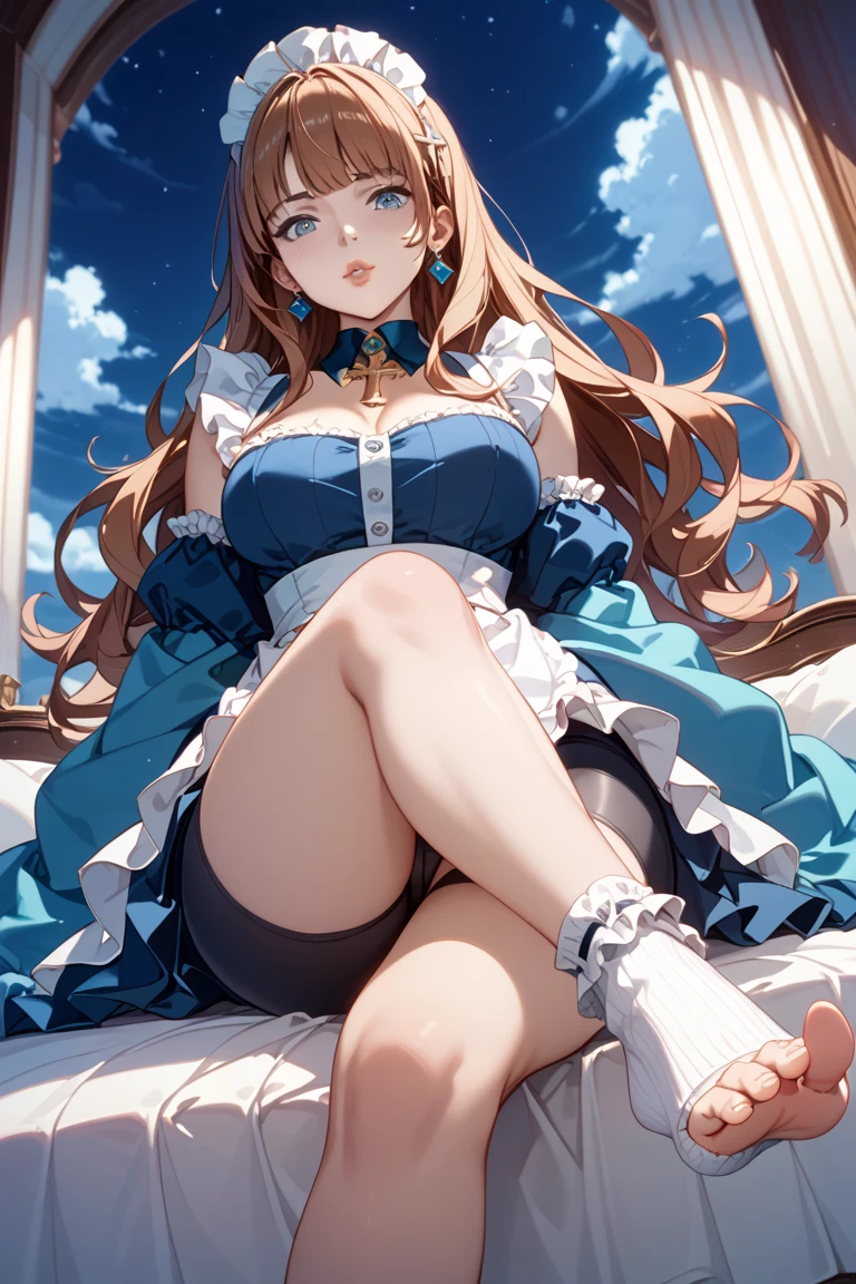 from below, high image, super detail, high resolution, anime, manga, illustration, super very beautiful woman, baby face, make up, ecstatic expression, amorous expression, seductive look, glossy flowing layered messy light brown wavy medium hair, sparkling big blue eyes, alluring moist red lips, large breasts, under boob, side boob, great proportion, perfect proportion, slender, full body, skirt lift, lace light blue panty, lace white long dress, white fluttering long skirt, black knee high socks, thighs, garter belt, lingerie,((cameltoe))