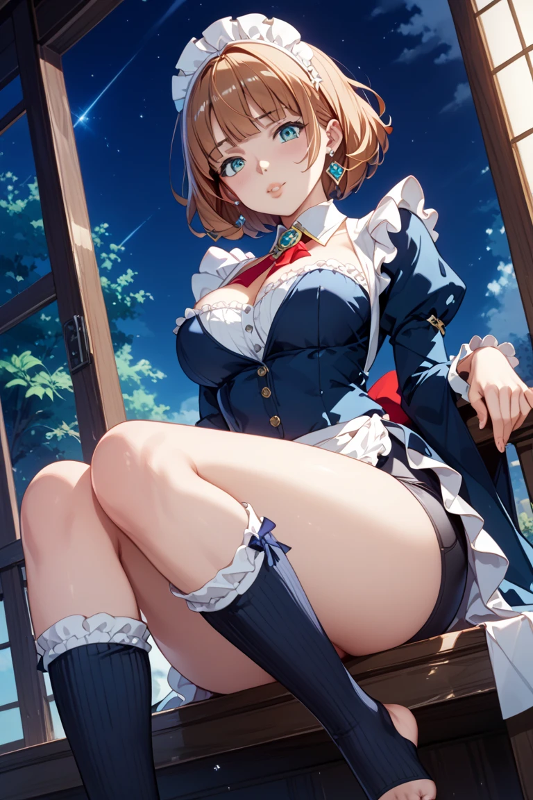 ((( open shoulder))),
cleavage,sitting,forest,sun,
barefoot, blush,
soft lighting, upper body, white panties,
1girl, solo, resunasts, blue eyes, brown hair, hair ornament, collarbone, , short hair, bangs, medium  breasts,atelier, alchemist, white knee socks, short skirt, long braid hair