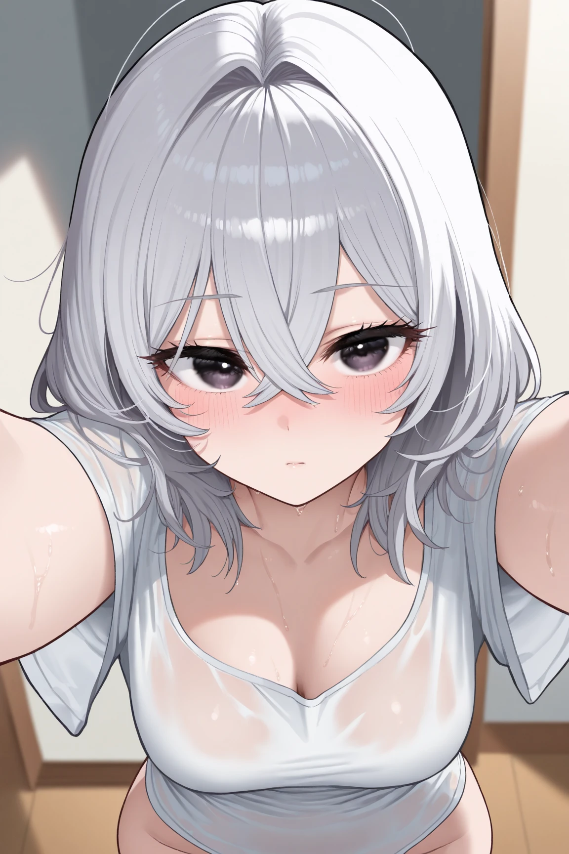 One person、masterpiece、Highest quality、Super detailed、High resolution illustrations、Improve skin quality、Increase eye appeal、Drawn in detail、Perfect body structure、Old woman、Are thin、Tall、Take off your clothes、Showing off a beige bra、Remove the bra、Flat chest、Small breasts、Skin blemishes、Skin wrinkles、Aged skin、Wrinkled skin、Fat on the stomach、On the road、blush、Embarrassing、Bad mood、Sweat it out、Sigh、Heat、Black eyes filled with tears、Look down、mole、胸にmole、Long white hair、