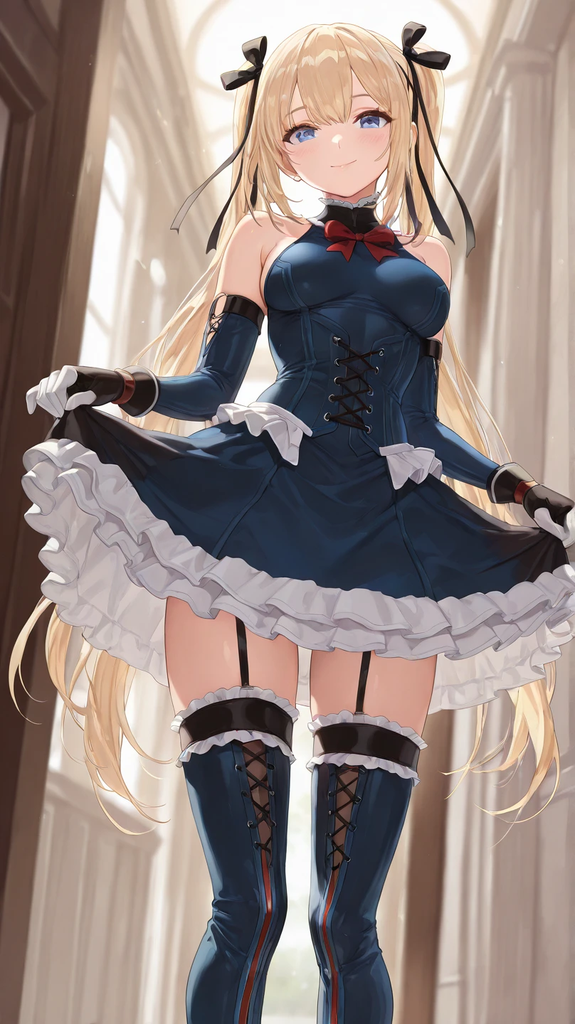A girl seen from the floor, Skirts or shorts are acceptable, view from below, Long or pantyhose, exciting medium breasts, ((Very detailed)), (Perfect facial details), (Very detailed hand), realistic images,black gloves,A shy expression