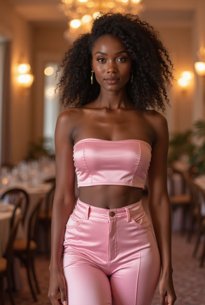 Portrait of a thin black woman with large breasts and clammy skin, short hair, corps entier, jupe moulante blanche,  chemise rose, high resolucion, NSFW.