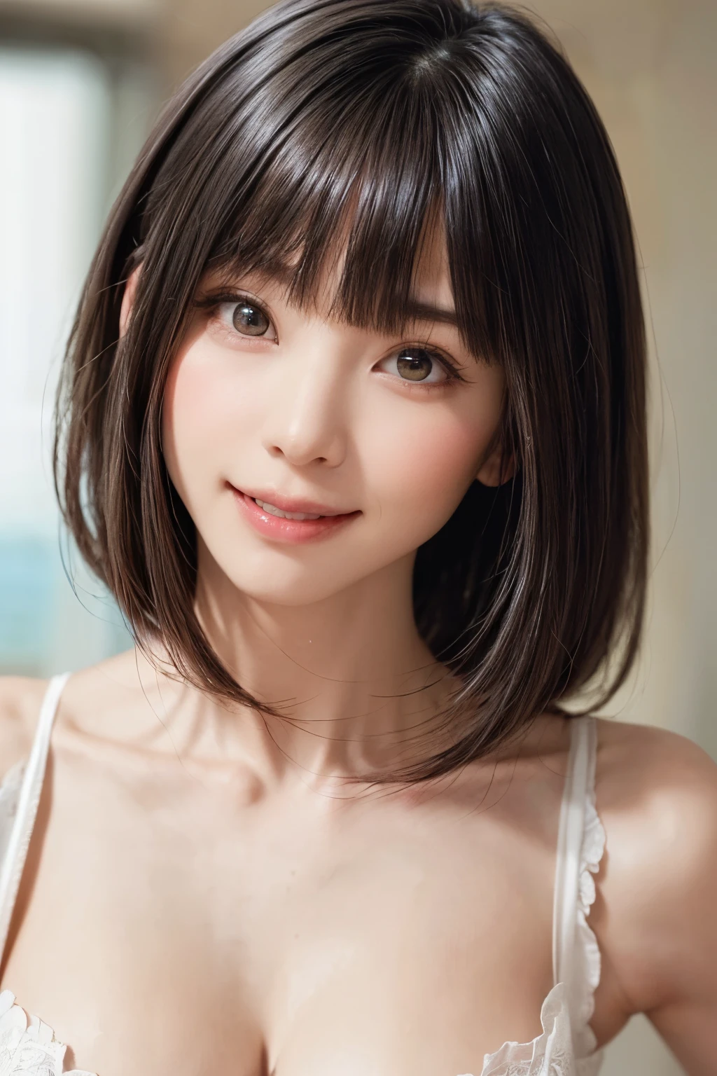 ((masterpiece, Highest quality, High resolution、Realisticですべてが美しく詳細に描かれている)), 1 person, (Realistic: 1.4), alone, White Background, snow-White Background, Mouth closed, smile, smile, Beautiful black hair, short hair, Big eyes, Transparent double eyelids, eyelash, Listen carefully, Long neck, 美しくLong neck, Absolute area, ((Face close-up)), (Draw the whole head, shoulder), 1, Attractive proportions, Glowing Skin, Beautiful clavicle, Golden ratio face, Perfect Face, Teardrop-shaped mole, chestのほくろ, bangs, clean bangs, beautiful bangs, Lip gloss, Thin lips, Fair skin, naked, Big Breasts, {Huge|big|Hugeな|Mega} chest:2, chestの谷間:2,chestの谷間を見せる、Small face, Small face, All the heads are painted, shoulder all drawn, Point slightly above the camera