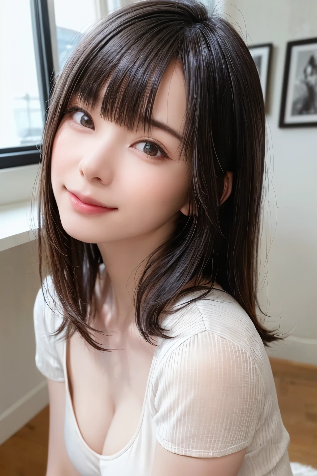 (8K, Raw photo:1.2),Detailed face and eyes,Best Quality, 超A high resolution, Highly detailed ,intricate detailes ,masutepiece ,Cute Girl , Soft cinematic light, Hyper-detailing,Sharp Focus, High quality,a blond, bob cuts, NSFW,Camisole, tits out,