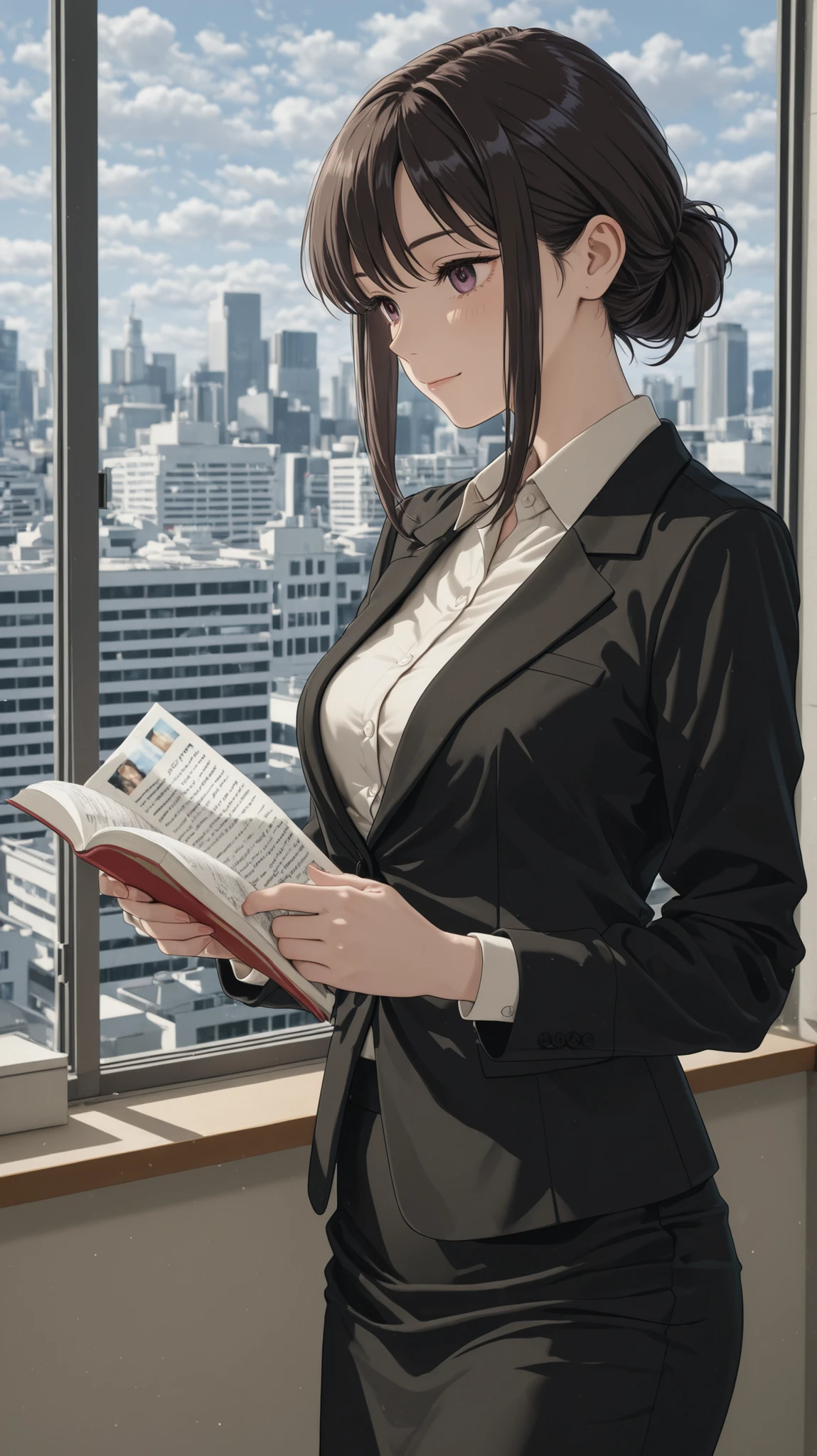 on the roof of a building、An office lady praying for small beautiful breasts Woman reading a formal casual