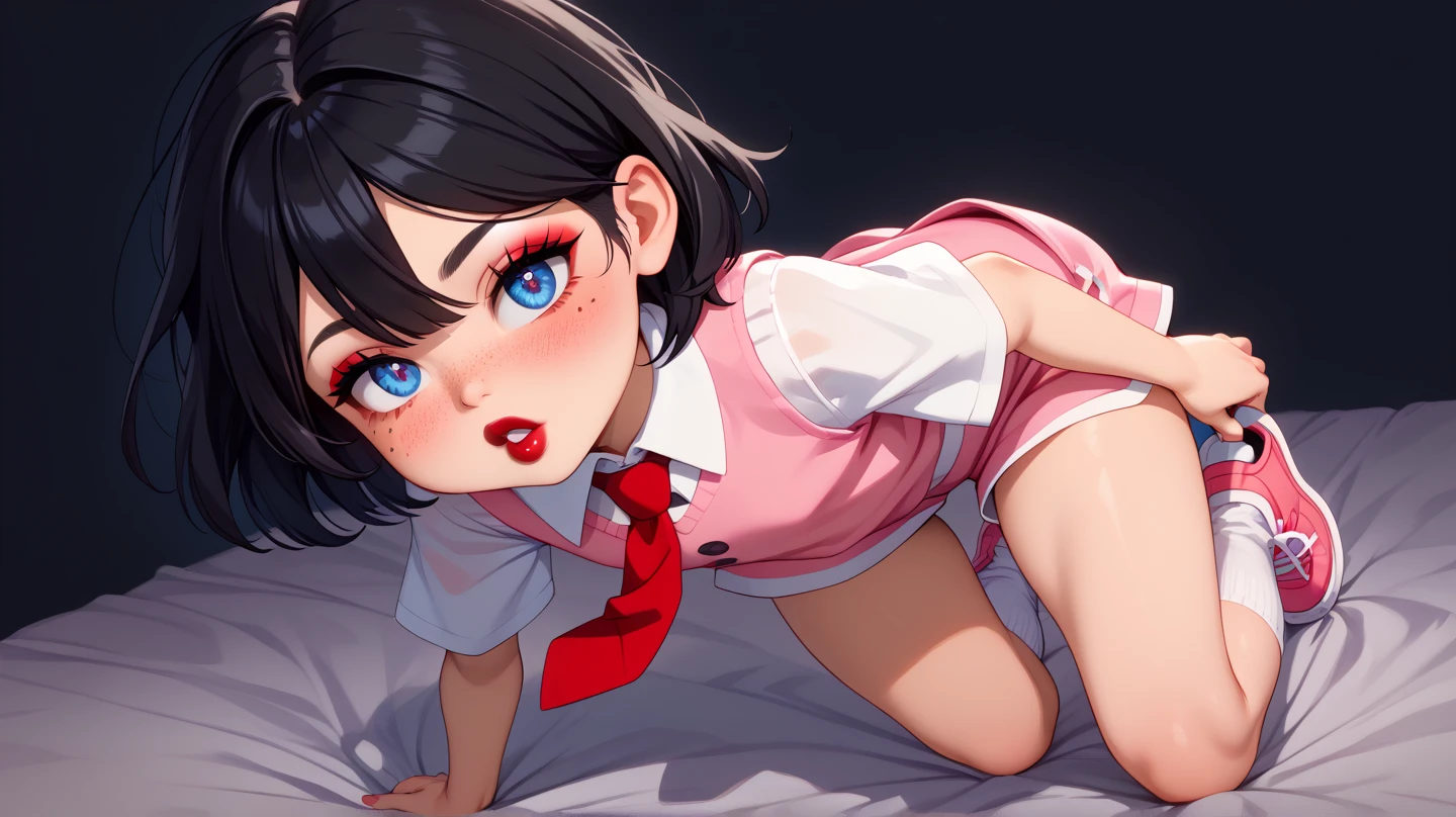 Mavis dracula, Bblack hair, blue colored eyes, viewed from behind, blush, open mouth, tongue out, moaning, front, black straight dress, black pantyhose with stripes, laying on bed, black panties, panties pulled aside, bare legs, exposed vagina, spread legs, cum in pussy, pose, best quality