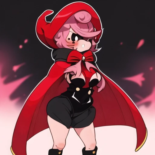 , masterpiece, Highest Quality, Highest Resolution, perfect background, perfect perspective, sharp image, perfect details, perfect lighting, perfect shadows, Perfect lighting, Best background, 1girl, red, red hood, pink hair, white gloves, black eyes, colored sclera, hood up, bow, red cloak white pupils, view from below, panties, upskirt,