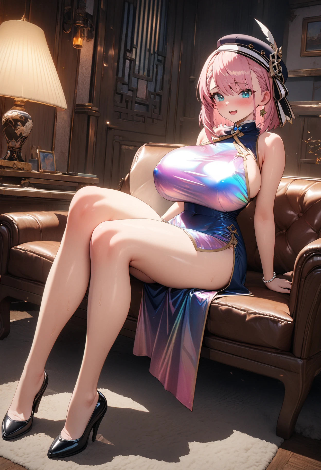 masterpiece, best quality, extremely detailed face, face focus, perfect lighting, 1girl, solo, sitting, huge breast, cleavage, dress, bra, jewelry, golden dress, bare shoulders, earrings, armlet, bracelet, high heels, handbag, luxury, celebrity, cowboy shot, smile, simple background, outdoors, (Alley:1.2), night sky BREAK pink hair, long hair, multicolored hair, hair between eyes, bang, braid, blue eyes