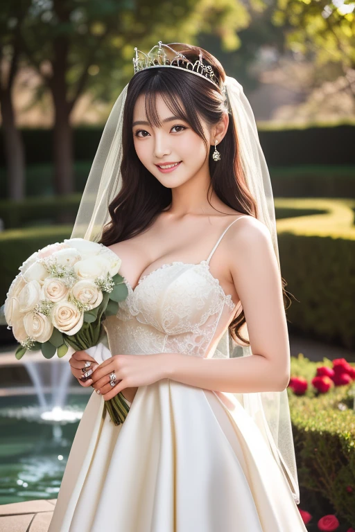 fantasy、long hair、brown hair、Beautiful woman、Garden Wedding、Rose、Wedding dress、veil、tiara、Upper body、Breast augmentation、thin eyebrows、Rounded face、smile、Happy、happiness、bouquet、daytime、