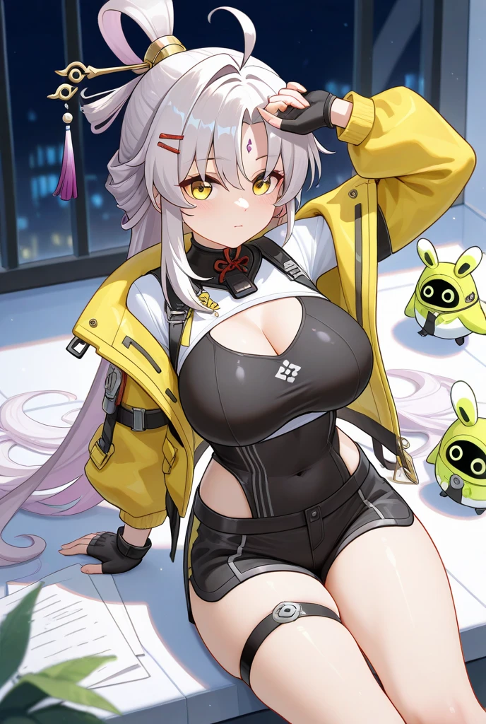 Yellow and gray color scheme。Curvaceous but slender、silber hair、ornament detached、psychic、accessorized、shairband、Muchimuchi Body、mole、Distinctive charm points、Eyebrows、Sareme、poneyTail、Muscular nose、short-haired、super powers、red blush、plump lips、Physical beauty、disheveled hair、Trendy fashion、Anime style、animesque、unreal、Depiction in motion、(top-quality、hight resolution、8k、masterpiece:1.2)。Beautiful muscular woman、Roaring in the middle of a modern metropolis lined with urban skyscrapers。Her muscles are、It shows overwhelming strength.、The figure is magnificent and powerful.。 Women use their superpowers、With the energy emanating from the palm of your hand、Skyscrapers and roads、vehicle、Next Bridge々and collapsing。Huge stones and waves of energy shatter buildings、It's transforming the landscape of the city。Sparks flutter、Rubble lifts、The energy of destruction is wafting around her。 Although its power is overwhelming、At the same time it is in harmony with beauty。 This scene is、Drawing the contrast between power and destruction、It expresses a woman's sense of mission and determination.、By understating the destructive element、Focuses on the aesthetic aspect。