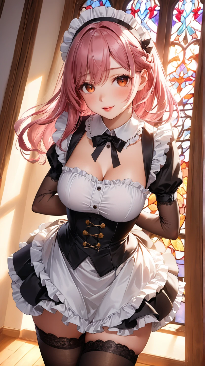 masterpiece, top-quality, Hi-Res, (((Evil Fall))), (((Leotard))), ram1, 1girl in, 独奏, Ram\(Re:Staynight\), A pink-haired, white thighhig, shorth hair, red eyes, Hair above one eye, Ribbon trim, Hair Ribbon, X Hair Ornament, frilld, Maid headdress, garter strap, a black ribbon, Colossal tits,
