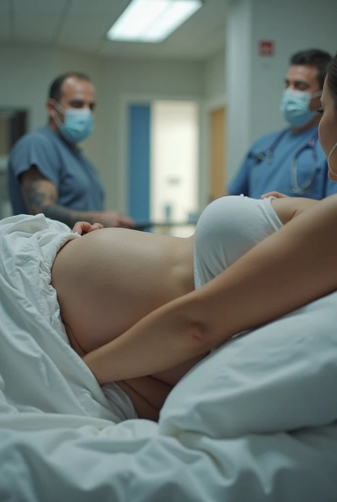 (give a score of 9_give a score of 8_give a score of 7)
Masterpiece, best quality, view from top down,
in one hospital, 1 pregnant woman,approximately 32 years old, 9 months pregnant, surgical cap, the face looked pained, frown, close your eyes, lying on the operating table, lie on your back, Lying with arms spread out, on the operating bed, in the operating room, a blue blanket covered her large breasts and slender legs, open belly,Her pregnant belly was visible,The picture explains the situation while waiting to give birth,
