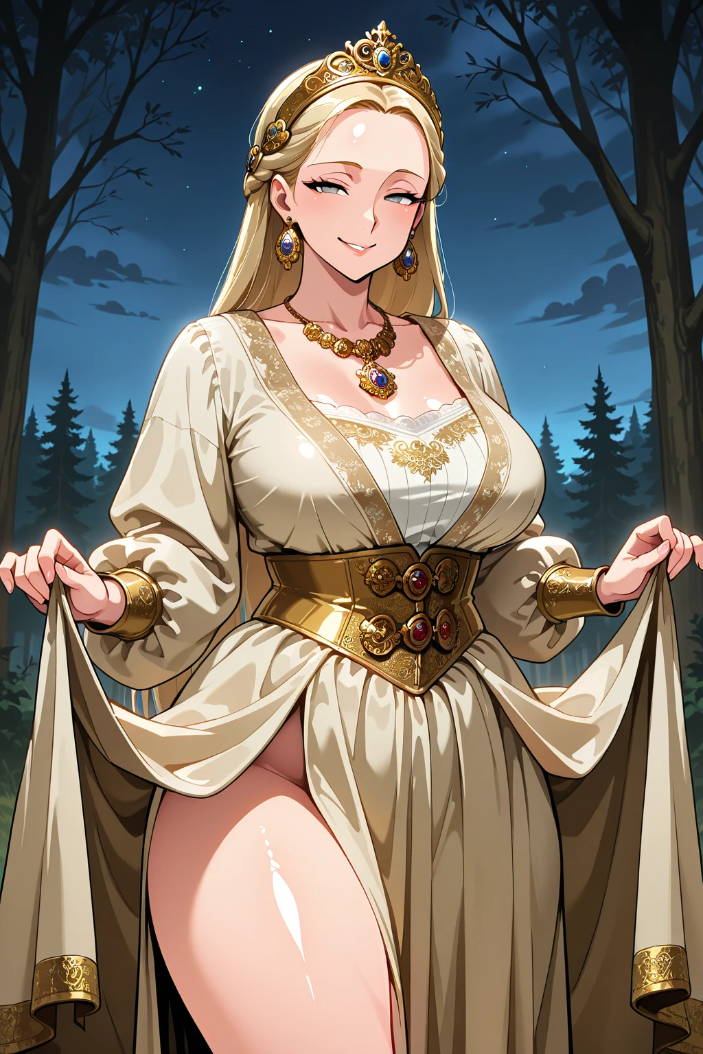 1 full length girl standing, good ass, maid of honor, Hairstyle with a white braid, for white, blind, perfect lighting, muscular, Thighs, mature woman, mummy, belly button, ABS, look at the viewer (Masterpiece, high quality: 1.1) SMILE, extremely huge breasts, maternal, Porcelain skin, extra long hair, shiny skin, good face, oni horns