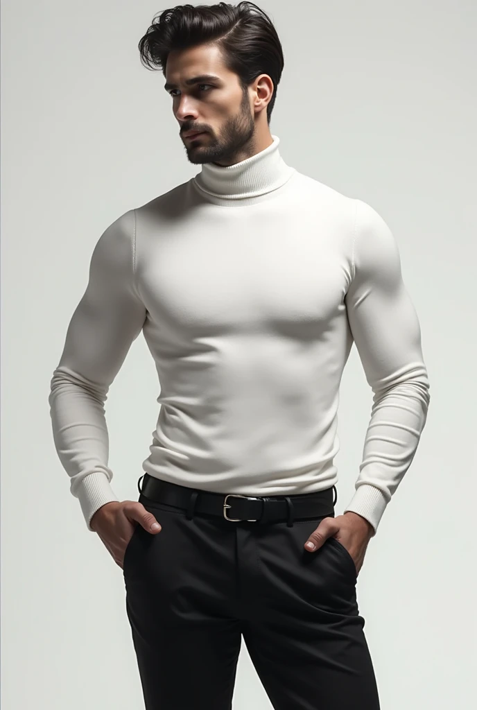 (realistic, คุณภาพhigh: 1.3) Handsome, muscular Asian man. , high, Black turtleneck shirt, Skinny jeans, photography, Dutch corner, outdoor, Hair style up, hair dyed blonde