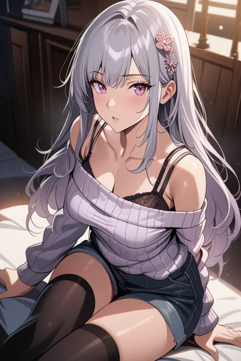 1Ganyu, silver hair, large breasts,, cleavage, navel, t-shirt, ((bra)),clothes lift, skirt, lying, full Body,sexy body,sitting