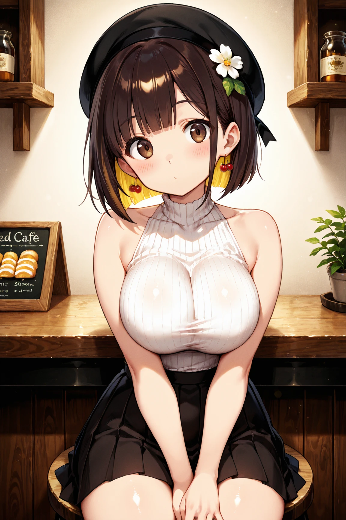 (from above:1.0),(from side:0.9),masterpiece, 1girl, Amazing Cleavage:1.1, thin waist, big ass, Raised sexy, small breast: 1.3, posed cleavage:1.2、solo, looking at viewer, open mouth, have a cute grass of cute beergrass,black hair, dark green eyes, dress, bare shoulders, jewelry, collarbone, sidelocks, hairband, earrings, indoors, off shoulder, :o, sweater, arms behind back, plant, short hair with long locks, gild hairband, off-shoulder dress, sweater dress, off-shoulder sweater, red sweater, dark gord hair, big side hair, very long side hair,is rendered in (masterpiece: 1.2, best quality), with (ultra high resolution) and an exquisite (depth of field). This masterpiece is not only visually stunning but also tells,A scene of cooking in the kitchen by classroom
